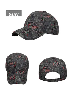 Three-way view of gray baseball cap featuring Eiffel Tower prints and metal buckle