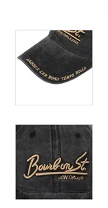 Détail de la broderie Bourbon St. sur une casquette en coton délavé au style vintage