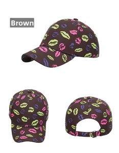 Three-view layout of brown baseball cap with colorful lip patterns and adjustable back buckle