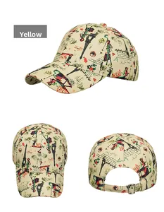 Three-view layout of a beige baseball cap featuring vintage Paris-themed fashion prints