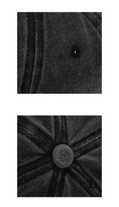 Vue macro détaillée de la couronne en tissu délavé et du bouton supérieur de cette casquette
