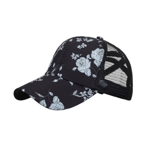 Black baseball cap with white floral print and breathable mesh back in side view