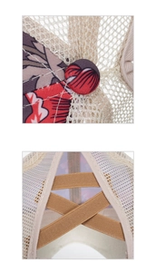 Detail of floral printed baseball cap with breathable mesh and elastic crisscross ponytail design