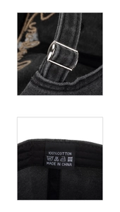 Détail de la boucle en métal et de l'étiquette de lavage en coton sur casquette grise