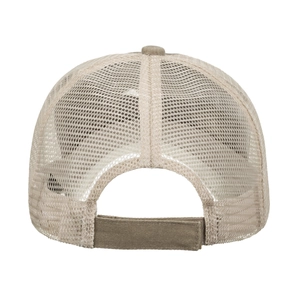 Adjustable khaki mesh trucker hat with breathable plastic panels and velcro strap closure
