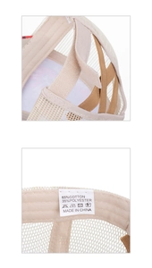 Close-up of breathable mesh fabric and cotton blend material tags on baseball cap