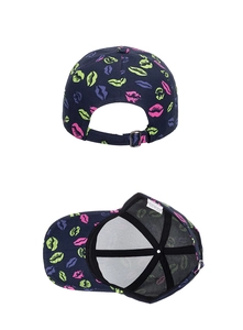Detail view of lip print baseball cap with metal buckle and internal structure