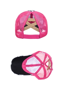 Detail view of high ponytail baseball cap with mesh fabric and criss-cross elastic bands