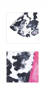 Close-up of cow print twill fabric and pink mesh detail on a ponytail baseball cap