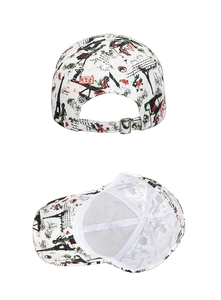 Detail of floral print baseball cap featuring adjustable silver metal buckle and inner structure