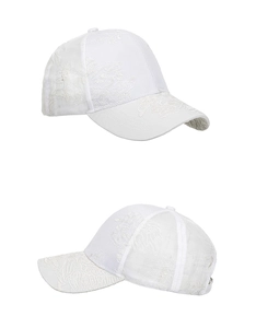 Close-up of white baseball cap featuring intricate floral lace embroidery and mesh fabric