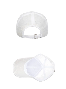 Detail view of white floral lace baseball cap showing silver metal buckle and breathable mesh