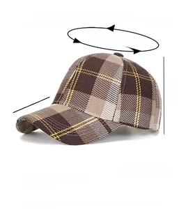 Detailed close-up of plaid baseball cap texture with 100% polyester material label