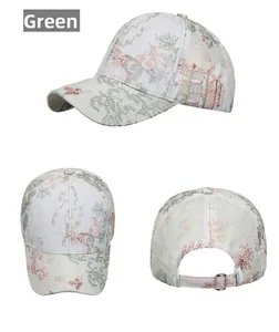 Detailed three-view display of green floral embroidery baseball cap with metal buckle