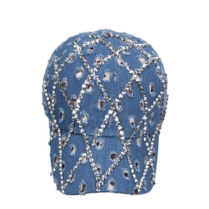 Blue denim distressed baseball cap with diamond studs and stylish rhinestone lattice