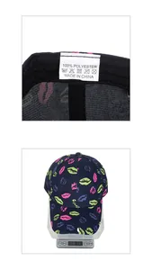 Detailed view of the 100% polyester washing label and weight scale for the baseball cap