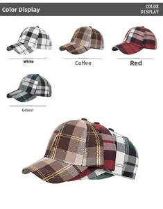 British plaid baseball caps in white, brown, red, and dark green displayed in detail