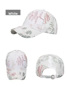 Detailed view of white baseball cap with floral embroidery and adjustable metal buckle