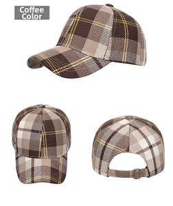 Detailed views of classic brown plaid baseball cap showing fabric texture and metal buckle