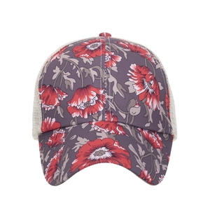 Floral print baseball cap with grey-purple base and red flower patterns with mesh back