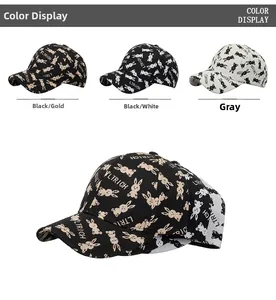 Detail showing baseball caps with rabbit print and LTRICH letters in various colors