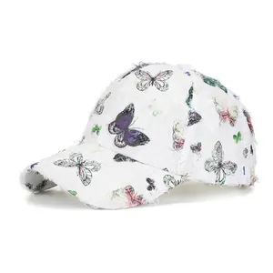 Women Butterfly Print Distressed Baseball Cap Frayed Edge Adjustable Breathable Sun Hat Outdoor Travel Polyester Sport Hat
