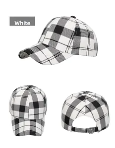 Three views of checkered baseball cap showing the side, front, and adjustable metal buckle back