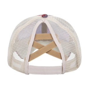 Women's mesh ponytail baseball cap with beige fabric and khaki elastic criss-cross back