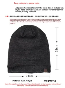 Detail of grey winter beanie showing 100% acrylic material and 95g weight specifications