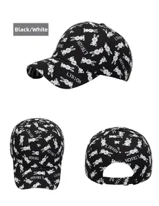 Detailed three-way view of black baseball cap with white rabbit patterns and LTRICH text