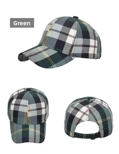 Detailed views of vintage plaid baseball cap with adjustable metal buckle and cotton fabric