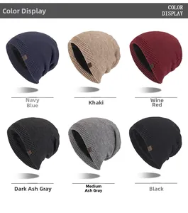 Detail showing the thick plush lining and assorted colors of men's knitted beanies