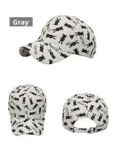 Detailed views of grey bunny pattern baseball cap with adjustable metal back buckle