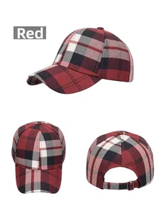 Detailed view of red plaid baseball cap with adjustable metal buckle and checkered pattern