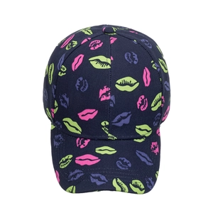Dark blue baseball cap featuring vibrant multi-color lip prints for outdoor casual sun protection