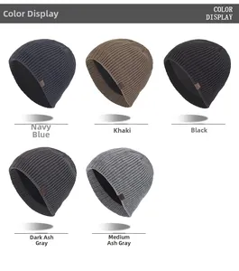 Detailed view of ribbed knit beanies in navy, khaki, black, and heather grey tones