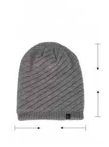 Detailed view of dark grey thermal knit beanie with dimension labels and material info