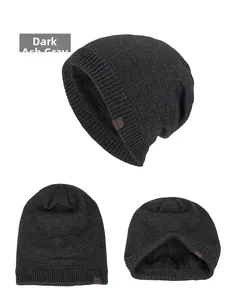 Detail of dark heather grey knitted beanie with thick fleece lining and leather logo