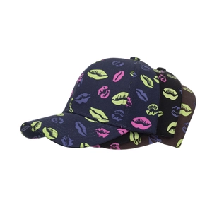 Three cotton baseball caps with colorful lip prints in navy, black, and brown