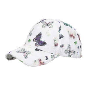 Vintage white baseball cap with colorful butterfly prints and distressed frayed details