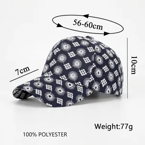 Fashionable navy blue embroidered baseball cap with size dimensions and 100% polyester fabric
