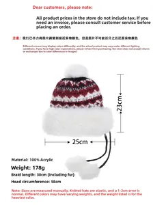 Detailed view of checkered winter hat with plush pompom and size specifications