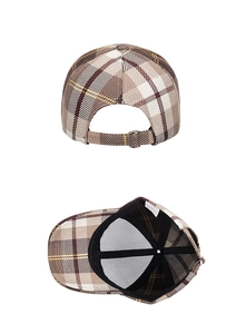 Detail view of khaki plaid baseball cap featuring adjustable metal buckle and inner wash tag
