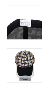 Dettaglio dell'etichetta di lavaggio in poliestere e peso totale del cappello con elefanti