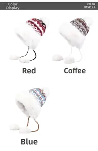 Detailed comparison of winter earflap hats in red, coffee, and blue with faux fur trim