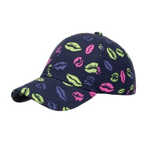 Navy blue baseball cap with colorful lip prints and curved brim for outdoor sun protection