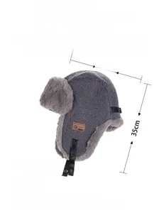 Grey aviator hat detail with 30% acrylic 70% cotton blend and adjustable strap