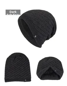 Detail of dark heather gray knit beanie with warm fleece lining and snowflake label