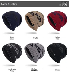 Close-up detail of winter knit beanie hats showing six available colors and jacquard pattern