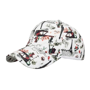 White baseball cap with vintage French Eiffel Tower print and stylish graphic patterns